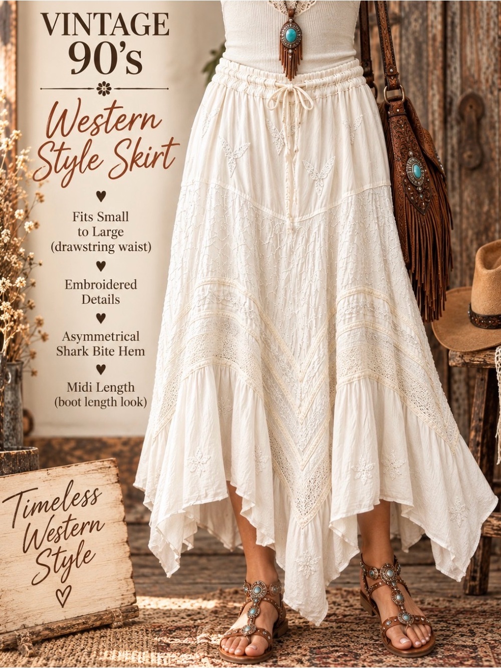 Vintage 90s- Boho Western White Midi Skirt with Embroidered Details